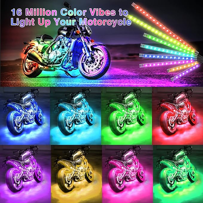 8PCS Segmented Motorcycle RGB LED Light Kits with APP/RF Remote, Multicolor Underglow Lights with Brake Turn Signal, 12V Waterproof Strip for Sport Bike, Cruiser, Street & Dirt Motorcycle