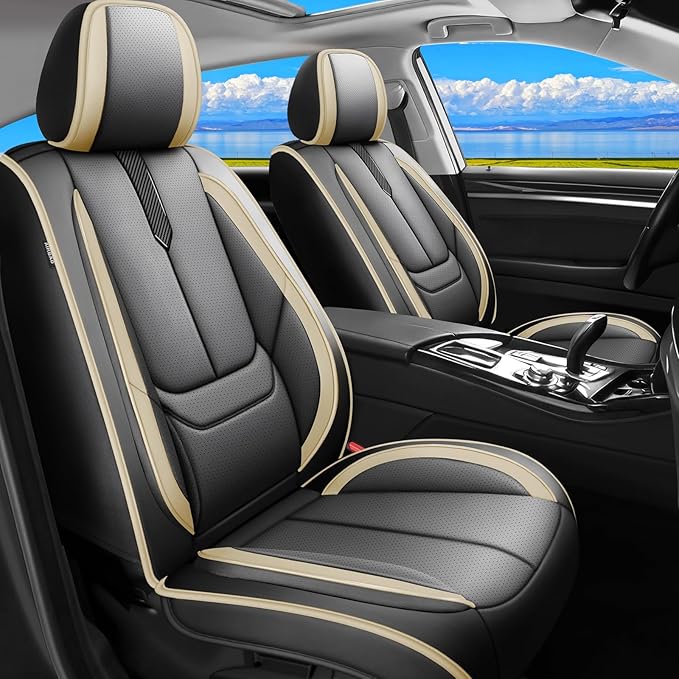 Fit Santa Fe Car Seat Covers for Hyundai Santa Fe 2007-2025 2026 -Upgraded Premium Waterproof & Breathable Leather,Airbag Compatible,All-Weather Seat Cushion Protector,2 Front/Black-Beige