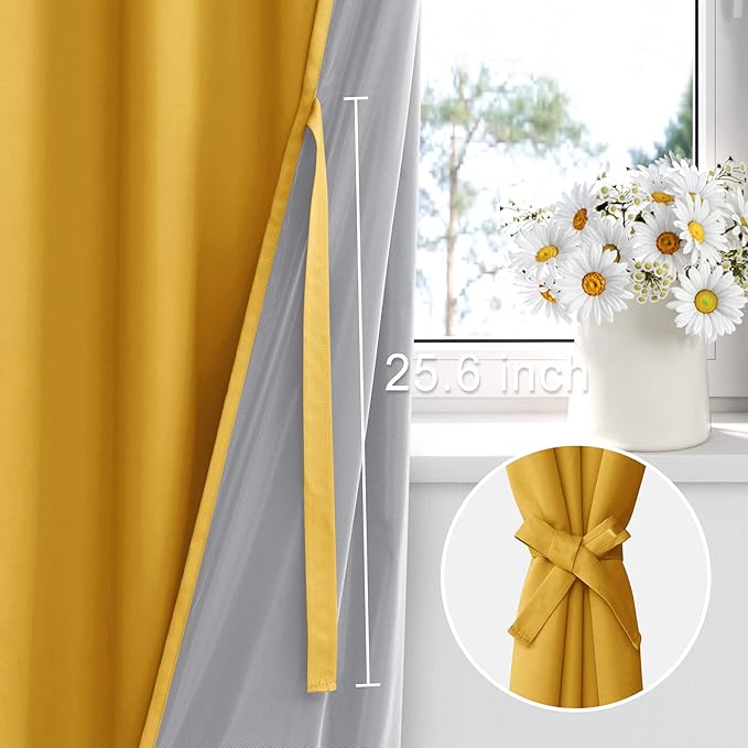 XWZO 100% Blackout Curtain Panels - Thermal Insulated Black Liner Curtains, Noise Reducing and Heat Blocking Drapes for Hall and Studio Windows with Tiebacks, Yellow, W52 x L95, Set of 2