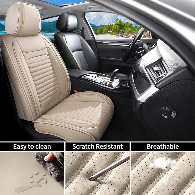 Car Seat Covers Full Set Fit for Toyota RAV4 2001-2026, Premium Faux Leather Car Seat Protector,Breathable Anti-Slip Full Wrapping Edge Seat Covers(Beige,Full Set)