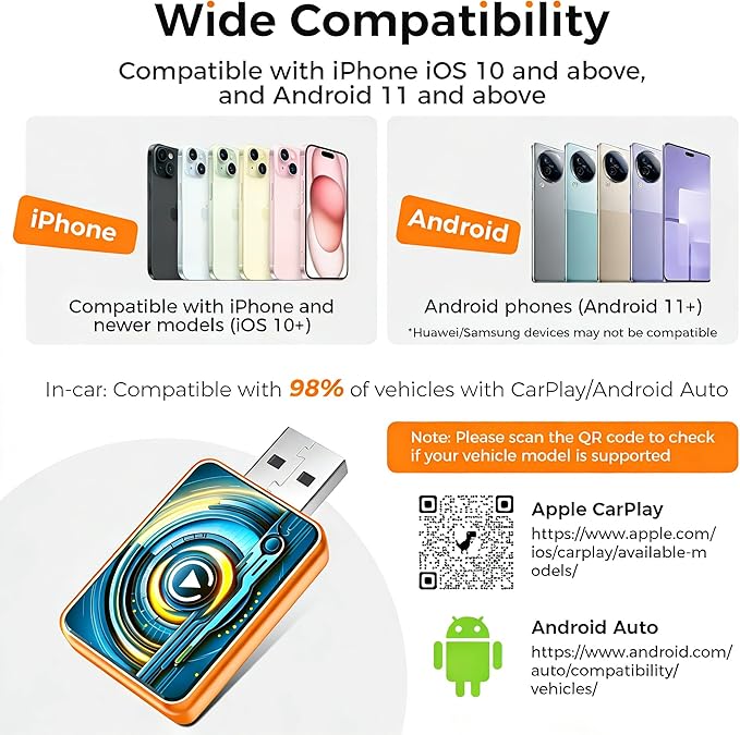 2026 Wireless Carplay Adapter for Apple iPhone & Android，Multi-User, No Latency - Convert Wired to Wireless Car Play Adapter for iOS 10+/Android 11+/Type-C Port
