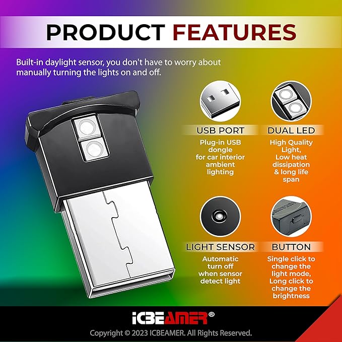ICBEAMER Mini Smart USB Type-A 2-Pack (White) | LED Night Light for Car Interior, Trunk, Center Console, Easy Plug-in, Perfect for Ambient Atmosphere in Vehicles