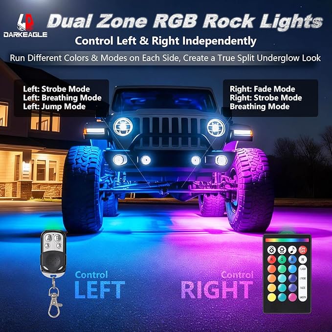 8Pods RGB LED Rock Lights for Jeep Trucks Golf Cart ATV UTV RZR SUV Offroad, Multicolor Underglow Light Kit with APP/RF Remote Dual Zone Neon Vehicle Accent Underbody Light 12V Waterproof