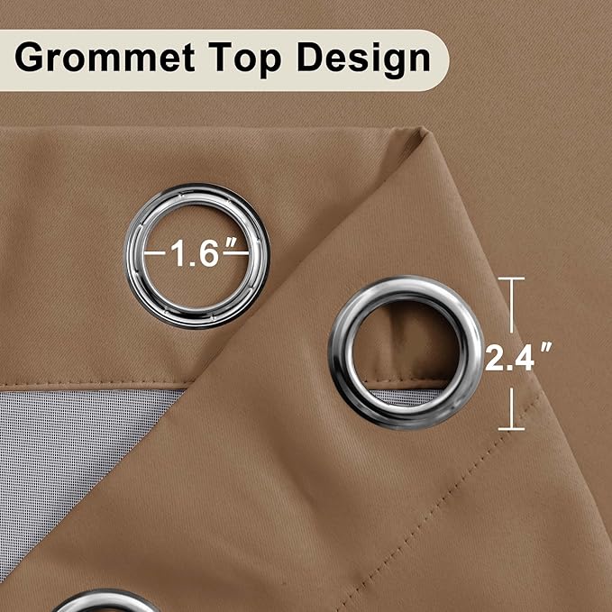 XWZO Full Shading Blackout Curtains 45 Inches Length - Heat and Light Blocking Ring Top Window Drapes with Black Liner Backing for Bedroom Sewn with Tiebacks, Cappuccino, W52 x L45, Set of 2 Panels