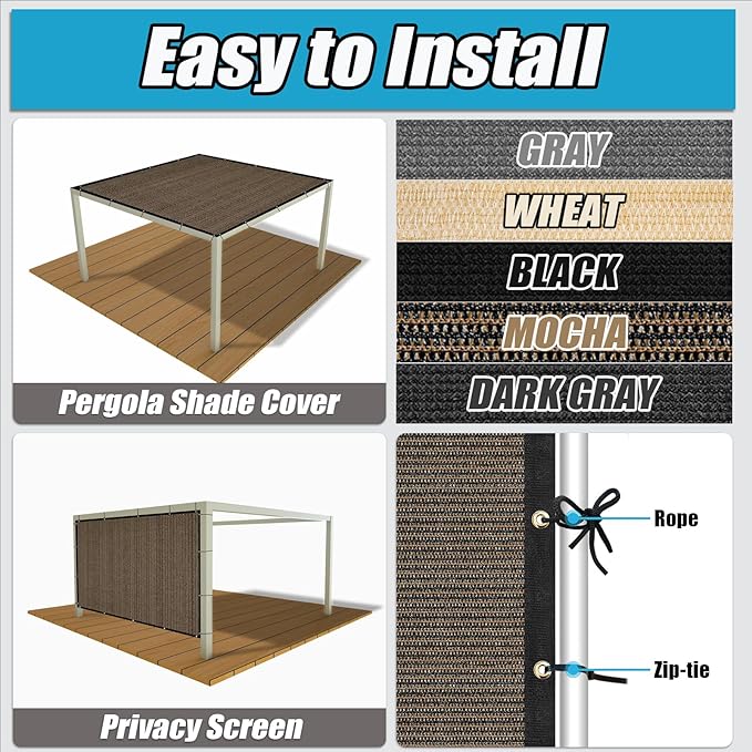 Amagenix 90% Shade Fabric 5'X 21' Mocha Sun Shade Cloth with Grommets for Pergola Replacement Shade Cover Canopy, Heavy Duty, Cable Zip Ties Included (We Customized)