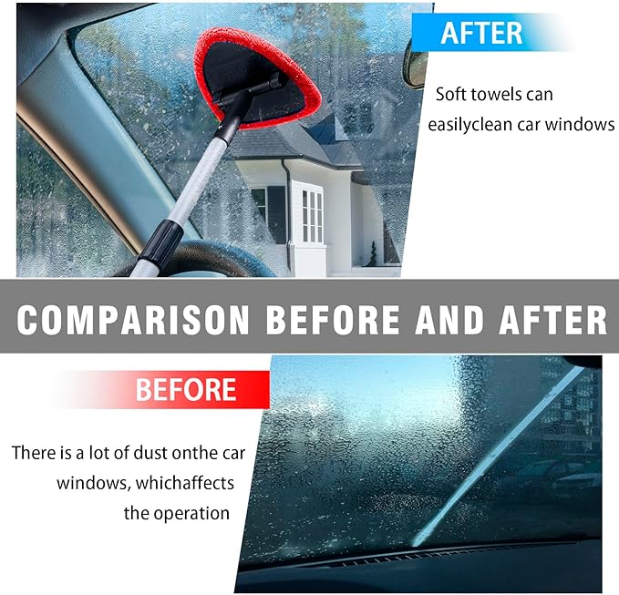 Windshield Cleaner Tool - Portable Car Interior Window Cleaning Kit with Extendable Handle, 4 Microfiber Towel Pads, Auto Glass Wiper for Windshield, Universal for RV, SUV, Truck (Red)