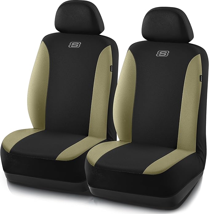 Skechers Seat Covers, Premium Breathable Polyester Seat Covers, Car Seat Covers Front Seats Airbag Compatible, Automotive Comfort for Most Cars, Vans, Trucks, SUVs (Two Front, Beige)