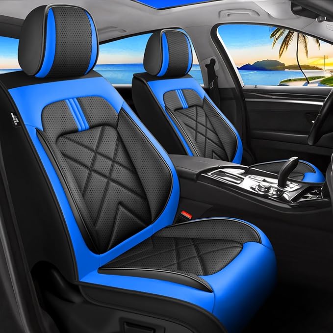CX-90 Car Seat Covers Fit for Mazda CX-90 2007-2026, Full Coverage Premium Leather Waterproof Breathable Seat Covers, Automotive Seat Protectors, Airbag Compatible(2 Front Seats, Black-Blue)