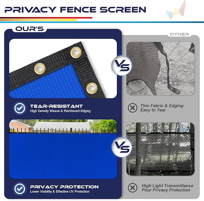 Windscreen4less Privacy Fence Screen Heavy Duty Windscreen Fencing Mesh Fabric Shade Net Cover with Brass Grommtes for Outdoor Wall Garden Yard Pool Deck, 8'x131' Blue
