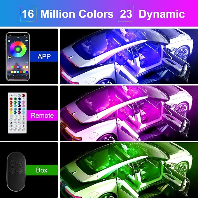 Hovano Car Interior LED Lights, APP Control with Car Charger, RGB Color Change with Music Sync & DIY Mode, 12V 2 Lines Design for Under Dash Running Board Truck