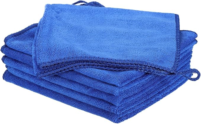 HARFINGTON 6 Pack Microfiber Cleaning Cloth, 14" x 14" Multi-Functional Cleaning Towels Reusable Absorbent Rags with Hook for Car Wash Kitchen Household Window Clean, Sapphire Blue