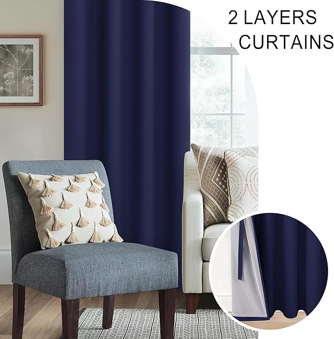 XWZO 100% Blackout Curtains 63 Inches Long with Tiebacks- Full Shade Window Drapes Thermal Insulated Double Layer with Black Liner for Bedroom/Living Room, Grommet, Navy Blue, W42 x L63, Set of 2