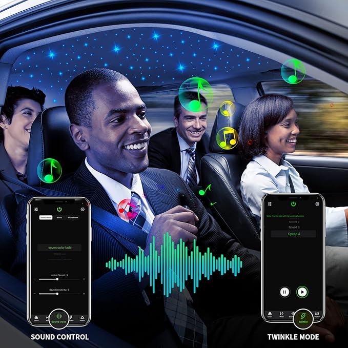 AMKI RGBW 16W Starlight Headliner Kits 550pcs*0.03in*9.8ft Cables Twinkle + Music Mode APP Remote Sound Control Fiber Optic Light for Car Home Star Ceiling Light Kit