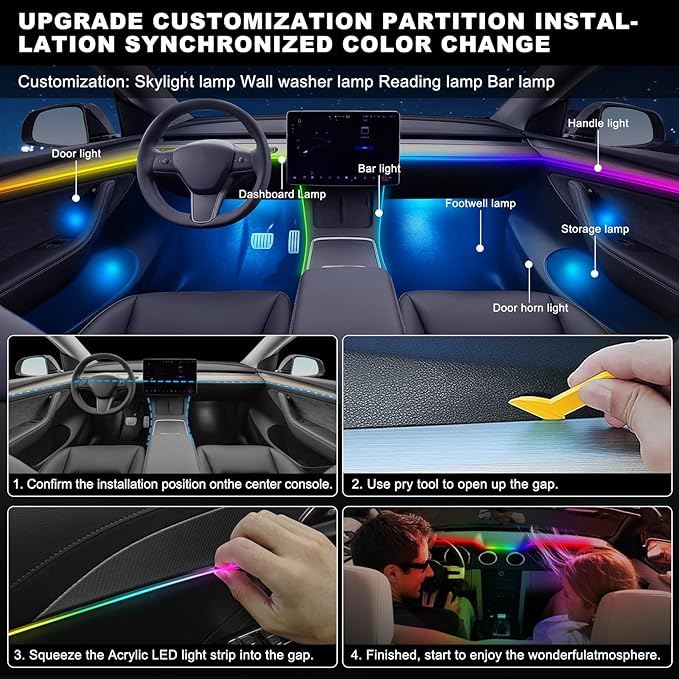 Dreamcolor Acrylic Interior Car LED Strip Light with USB/Type C, RGB 6 in 1 with 179.24 Inch LEDs Strip, Dynamic Chasing Music Sync Neon Ambient Lighting Kits