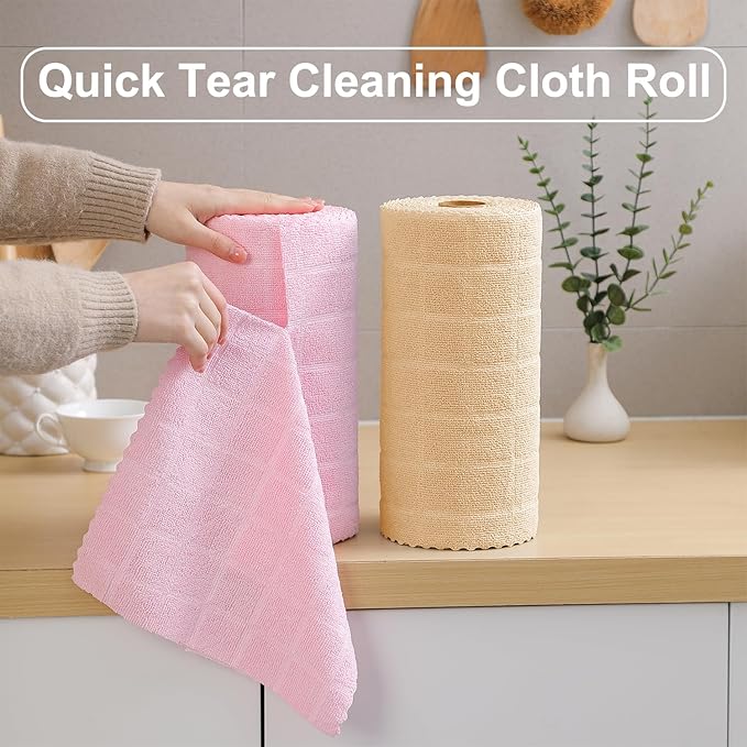Ferdilan 80 Pack Microfiber Cleaning Cloth Roll,Lint Free Rags Paper Towels & Tear Away Reusable Towels,Washable Shop Rags,Wash Cloths Dish Rags(12" x 12") for Car Kitchen Window Garage-Pink