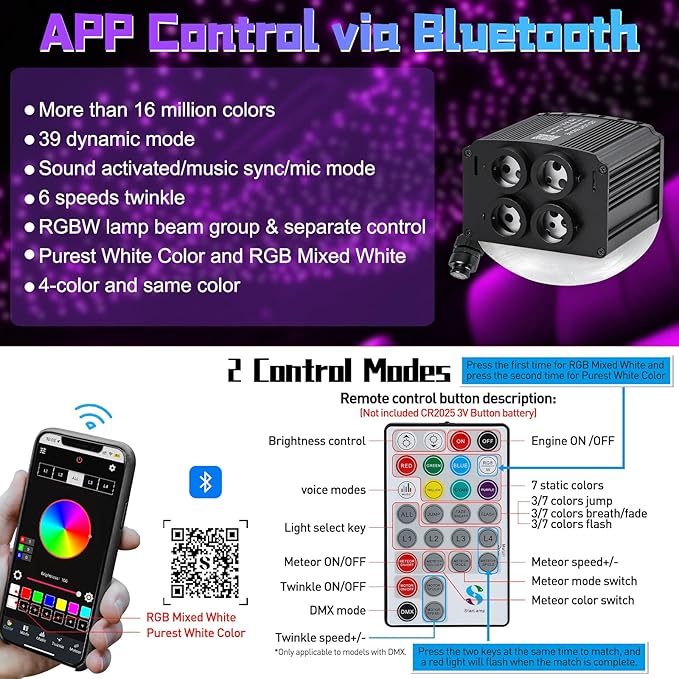 4 Colors 32W Twinkle Starlight Headliner Kit for Car Home with APP&RF Remote,RGBW 1000pcs*0.03in*13.1ft Cables Fiber Optic Star Sky Roof Lights,4 Port Engine Sound Activated Car Ceiling Star Lights
