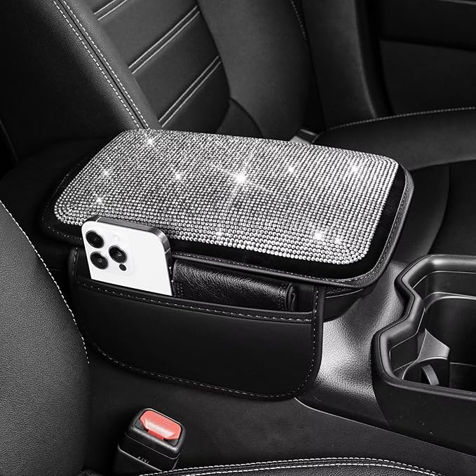 Bling Center Console Cover Fit for Toyota Camry with 2 Storage Bags Fully Diamond-Studded Style Center Console Armrest Cover with Total Protection(Silver Diamond)