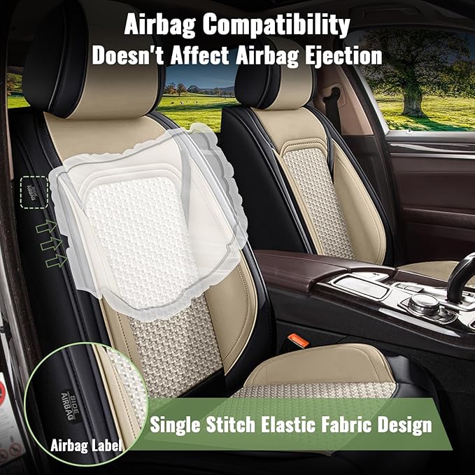 Car Seat Covers Front Seats for Subaru Forester 2007-2025 2026 - Breathable Cooling Ice Silk Leather Seat Covers - 2 Seats Vehicle Seat Protector for Subaru Forester Accessories - Black&Beige