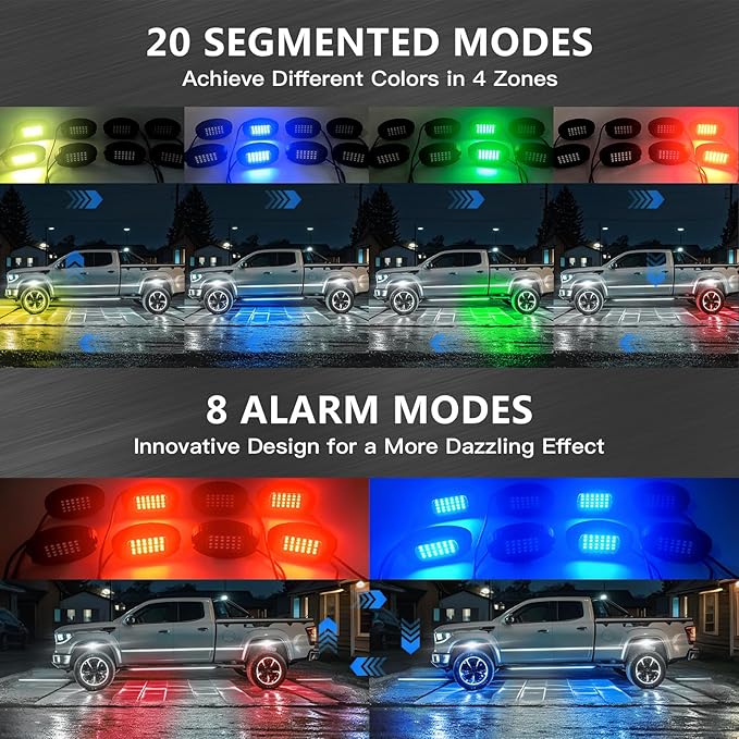 8 Pods Segmented Alloy RGB LED Rock Lights for Jeep Trucks Golf Cart Offroad ATV UTV SXS, Waterproof Impact Resistant Metal Underglow Kit with APP RF Control Sync Music Multicolor Neon Underbody Light