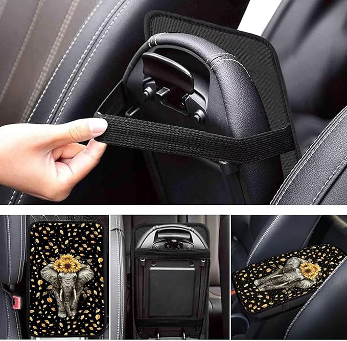 Suobstales Elephant Sunflower Leaf Print Car Armrest Pad Soft Center Console Arm Rest Protector Cover Universal Car Interior Accessories Decoration