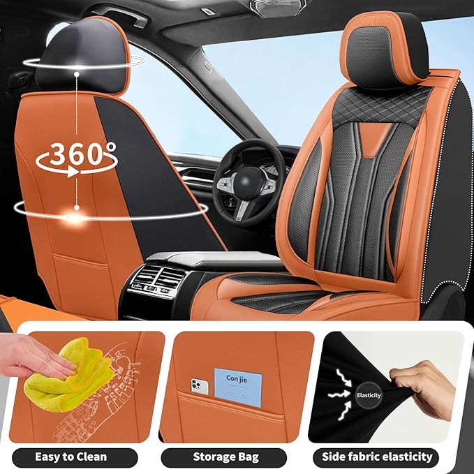 Fit Sonata Car Seat Covers Premium Leather for Hyundai Sonata 2007-2025 2026. Waterproof， Breathable, Scratch-Resistant & All-Weather Seat Cushion Protector（Front Seat,Orange&Black