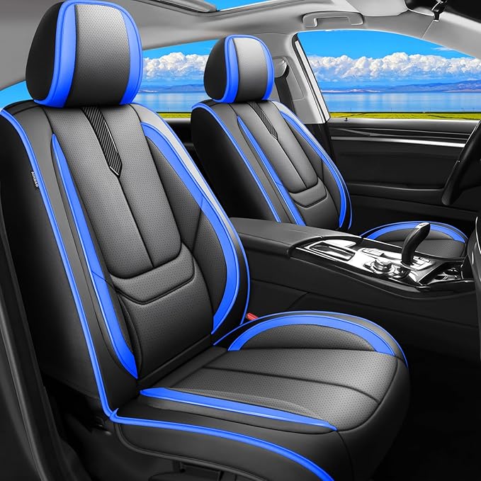Fit Sonata Car Seat Covers for Hyundai Sonata 2004-2024 2025 2026 -Upgraded Premium Waterproof & Breathable Leather,Airbag Compatible,All-Weather Seat Cushion Protector,2 Front/Black-Blue