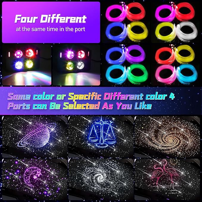 Car Starlight Headliner Kit, 4 Colors 32W Twinkle & Meteor Fiber Optic Ceiling Lights, 2 in 1 Light Engine 500pcs*0.03in*13.1ft+240 RGBW Shooting Stars Lights for Car Roof Décor