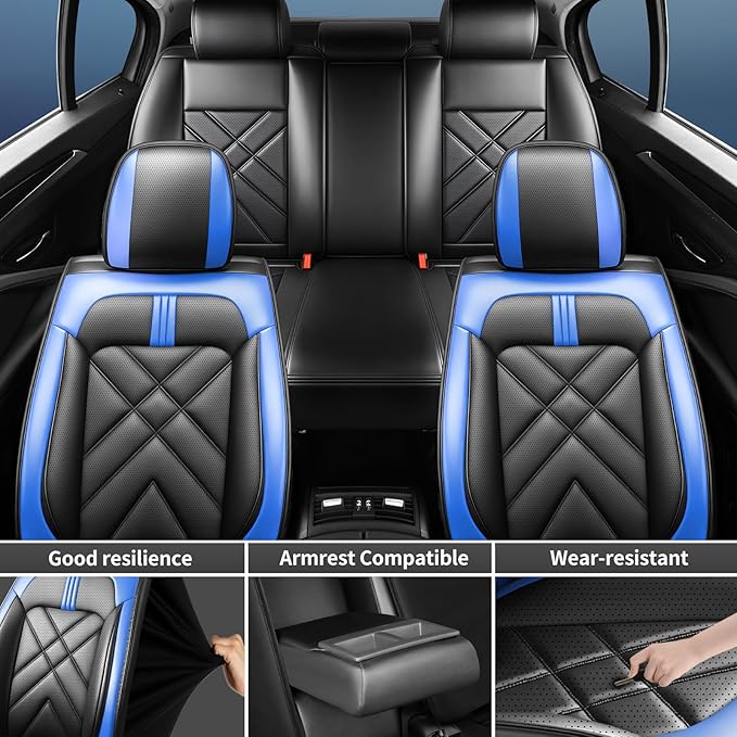 CX-3 Car Seat Covers Fit for Mazda CX-3 2016-2021, Full Coverage Premium Leather Waterproof Breathable Seat Covers, Automotive Seat Protectors, Airbag Compatible(Full Set Seats, Black-Blue)