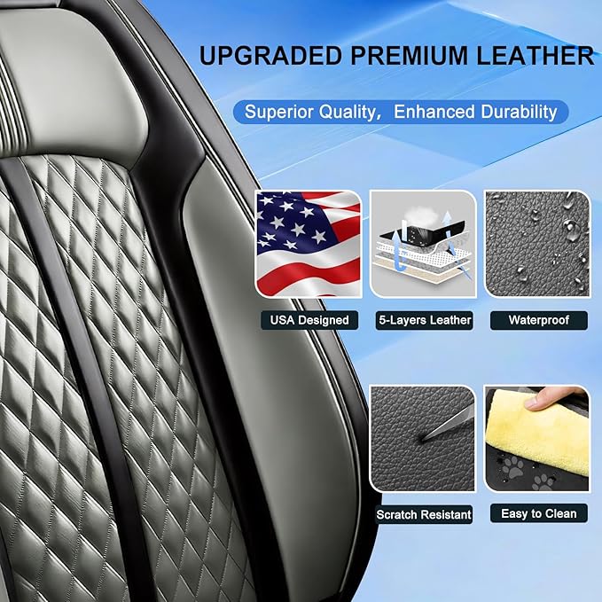 Fit CX-50 Car Seat Covers for Select Mazda CX50 2023-2026, Full Coverage Leather, Airbag Compatible, Luxury Waterproof & All Weather Seat Protector, Front Pair Black+Gray
