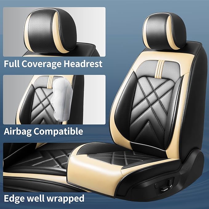 Car Seat Covers Fit for Mazda 3 2007-2026, Premium Leather, Full Coverage Leather Waterproof Breathable Seat Covers, Automotive Seat Protectors, Airbag Compatible(Full Set Seats, Black Beige)