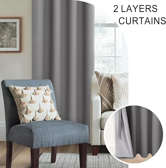 XWZO Complete Blackout Shades Window Curtain Panels with Tiebacks- Noise Reduction and Light Blocking Grommet Curtains with Black Liner for Studio, Basement Room, Grey, W42 x L45, Set of 2