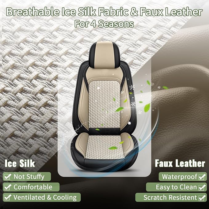 Car Seat Covers Full Set for Toyota Corolla 2000-2019 - Cooling Ice Silk Leather Seat Cover - Ventilated 5 Seats Vehicle Seat Cushion Protector Automotive Accessories (Black&Beige)