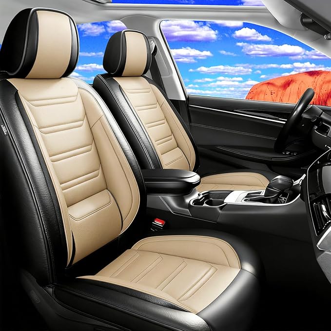 Fit Impala Car Seat Covers for Chevrolet/Chevy Impala 2000-2020, Premium Full Coverage Leather, Airbag Compatible, Waterproof All Weather Breathable Seat Protector, Full Set, Black+Beige