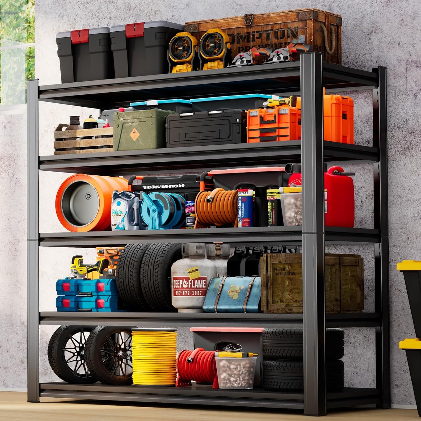 72"H Garage Shelving 3000LBS Capacity Heavy Duty Garage Storage Shelves, Adjustable 5 Tier Metal Industrial Shelf Rack for Kitchen, Utility Room, Warehouse and Basement, Black (16''Dx40''Wx72''H)