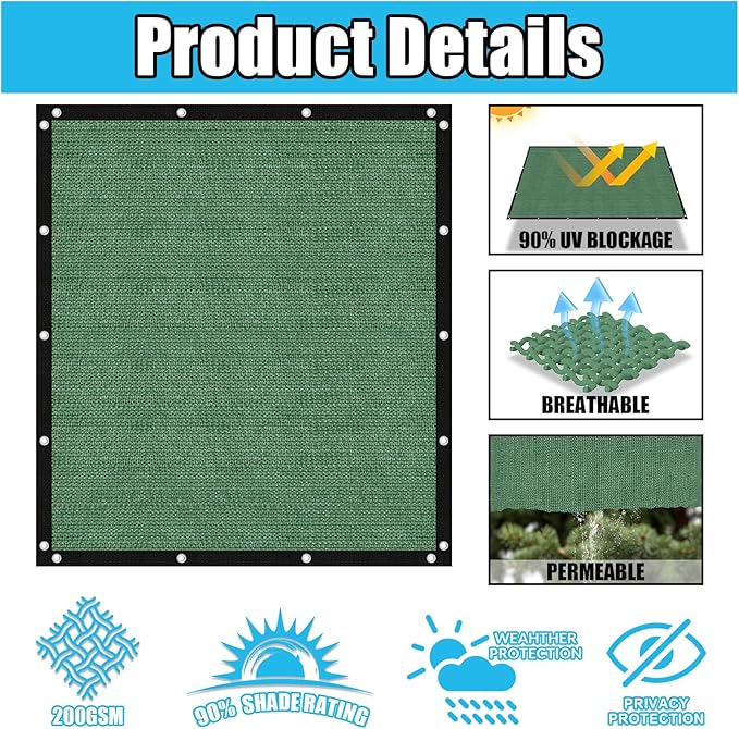 Amagenix 90% Pergola Shade Cover 9' X 14' Sun Shade Cloth with Grommets for Outdoor Garden Patio Porch, Commercial Grade 200 GSM - Cable Zip Ties Included (We Customized) GN108, Green