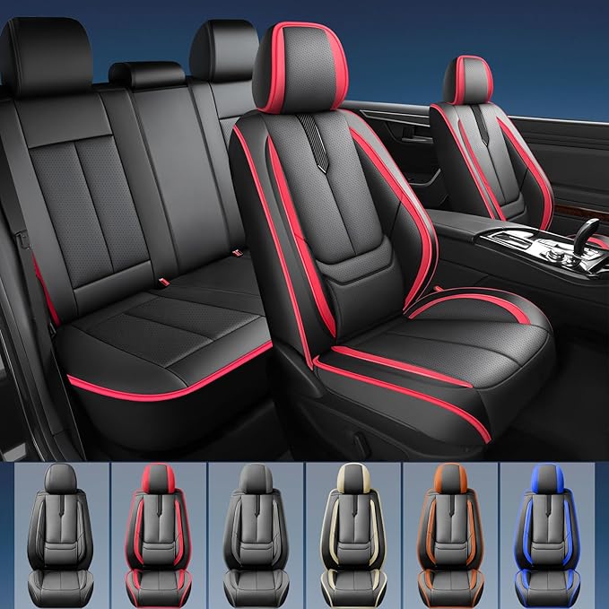 Fit CRV Car Seat Covers for Honda CR-V 2013-2024 2025 2026-Upgraded Premium Waterproof & Breathable Leather,Airbag Compatible,All-Weather Seat Cushion Protector,2 Front/Black-Red