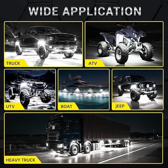 16 Pods Full Angle Pure White LED Rock Lights with Extension Wires, IP68 Waterproof 6500K 28 LEDs Super Bright White Neon Underglow Kit for Trucks Trailer Offroad Pickup Boat RV SUV UTV ATV