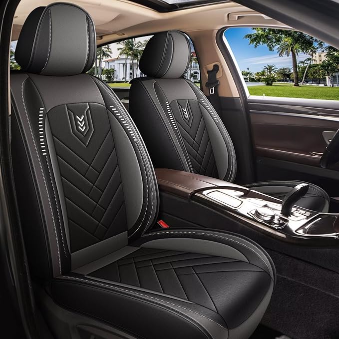 AOMSAZTO 2 Front Car Seat Covers for Toyota RAV4 2007-2026: Faux Leather Automotive Seat Cover Waterproof Compatible Airbag(2 Seats, Black&Grey)