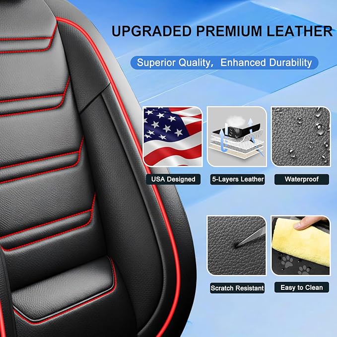 Fit Sonic Car Seat Covers (Front Pair) for Select Chevrolet/Chevy Sonic 2012-2020 - Premium Full Coverage Leather, Airbag Compatible, Waterproof & All Weather Seat Cushion Protector, Red Trim