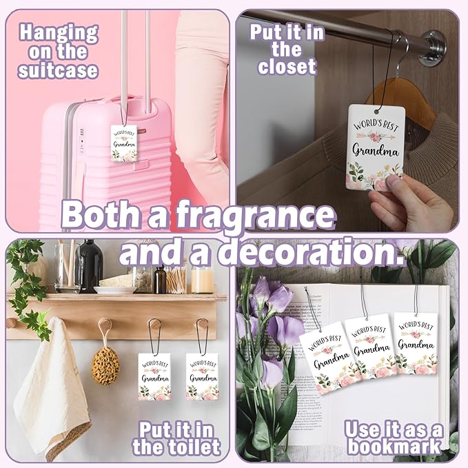Grandma Gifts Car Air Freshener Accessories 3pcs,World's Best Festive Gifts for Granmda Christmas,Pink Flower Rustic Hanging Scent Lavender Fragrance Card for Women Closet Bathroom Home Decor