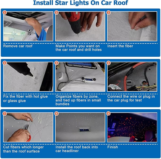 AZIMOM Mini 6W 200pcs Twinkle Fiber Optic Starlight Headliner Kit for Car Home 0.03in 6.5ft End Glow Fiber Strands Sound-Activated APP& Remote Control Starlight Engine