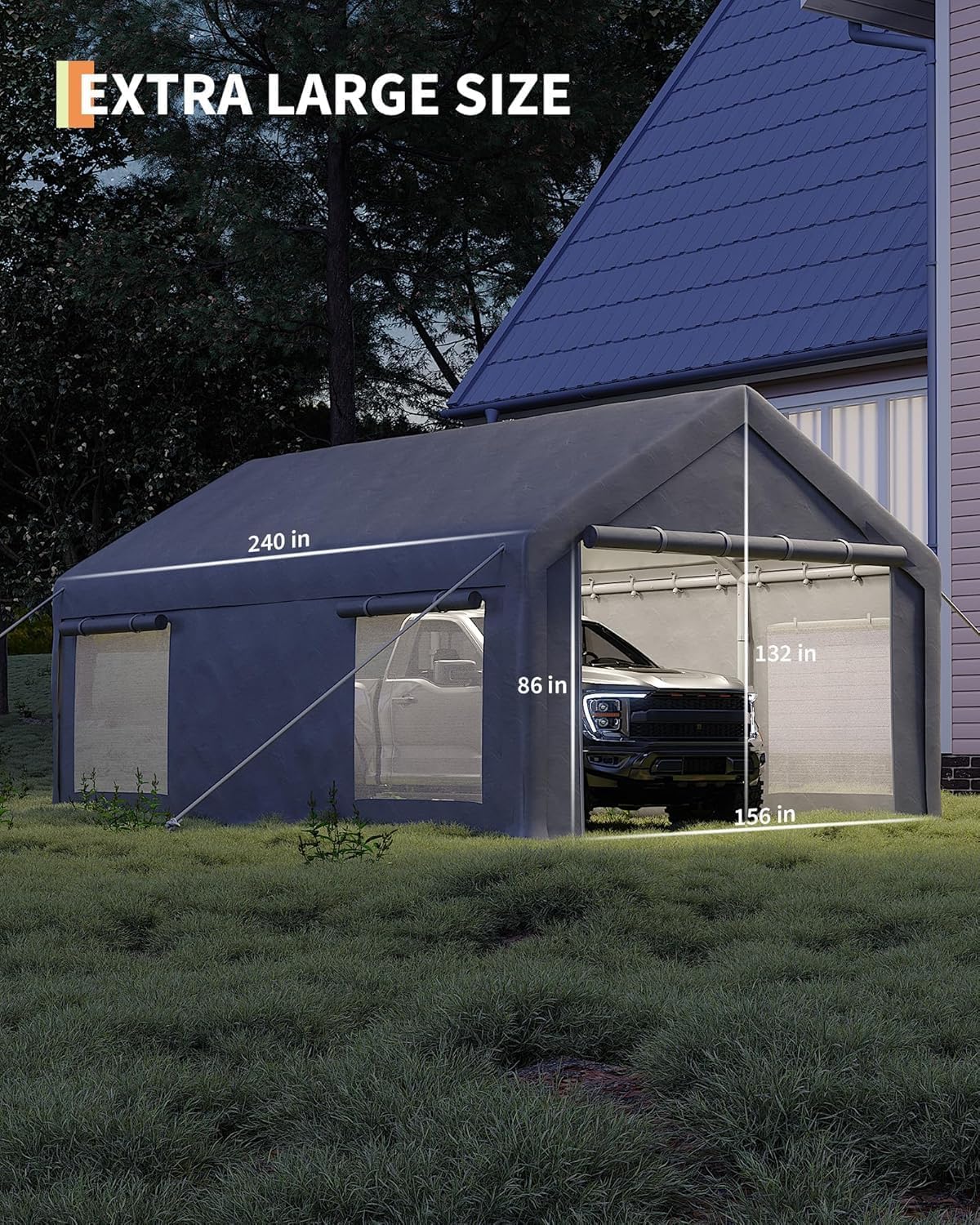 13 x 20ft Heavy-Duty Carport Canopy with Roll-Up Windows & DoorsThickened Wind Ropes, Ground Nails, Portable Car Tent Garage for Cars, Trucks, Boats, 180G Durable Tarp Cover,Grey