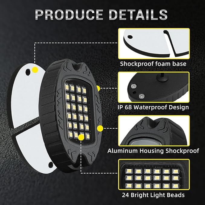 6 Pods Metal LED White Rock Lights for ATV SUV UTV RZR Car Trailer Truck Offroad, Alloy 6000K 24 LEDs Pure White Neon Underglow Light with Switch Extension Harness Under Trail Rig Fender Lighting