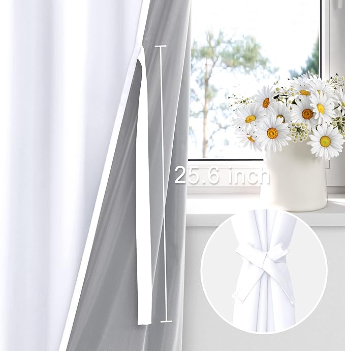 XWZO White Blackout Curtains with Tiebacks - Heat and Full Light Blocking Window Panels with Grommets for Bedroom/Nursery, 63 Inches Long Thermal Insulated Draperies, White, W38 x L63, Set of 2