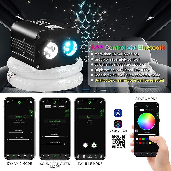 ATOKEE Twinkle 900pcs Starlight Headliner Kit, 20W Dual Color Dual Head 0.03in 9.8ft Fiber Optic Star Roof Lights for Car with APP/Remote Control