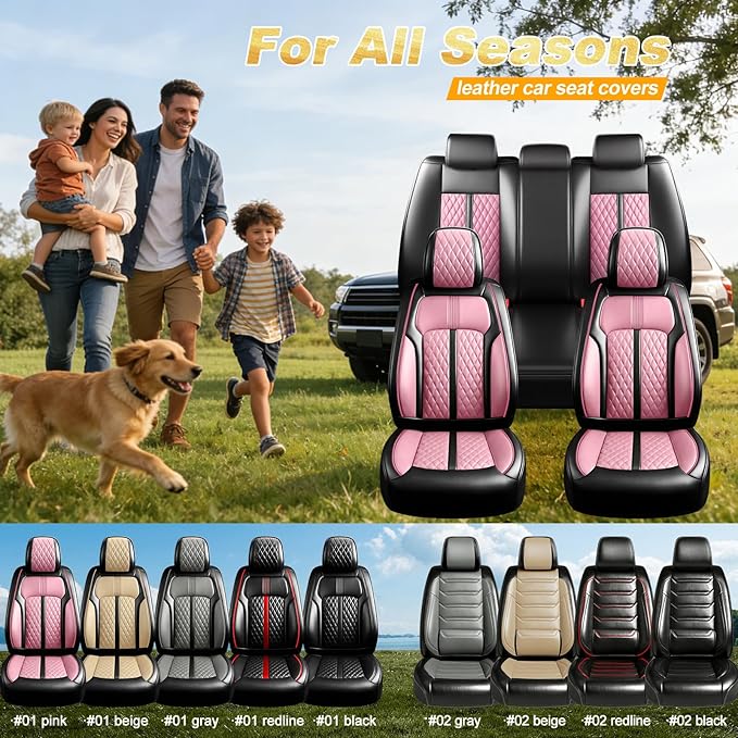 Fit CX-5 Car Seat Covers for Select Mazda CX5 2013-2024 2025 2026 - Premium Full Coverage Leather, Airbag Compatible, Waterproof & All Weather Seat Protector, Full Set, Black+Pink