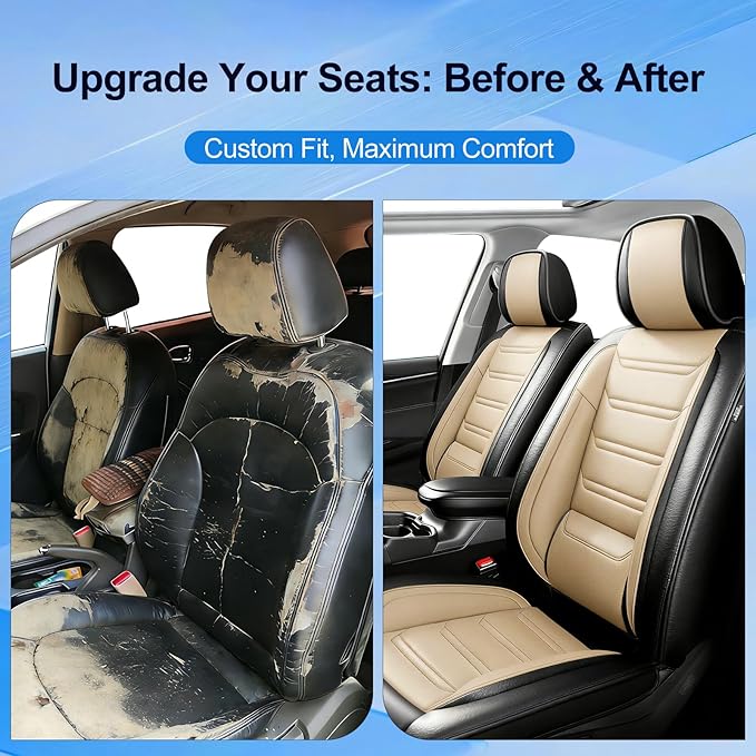 Fit Bolt Car Seat Covers for Select Chevrolet Bolt/Bolt EUV 2017-2025, Premium Full Coverage Leather, Airbag Compatible, Waterproof All Weather Seat Cushion Protector, Full Set, Black+Beige