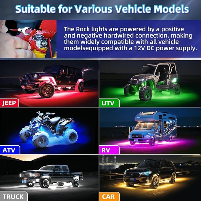 8Pods Segmented RGB LED Rock Lights Kit with APP/RF Remote Control, Upgraded Multicolor Underglow Neon Brake Light Music Mode Waterproof 12V Fender Lights for Trucks Pickup Jeep Golf Cart ATV UTV