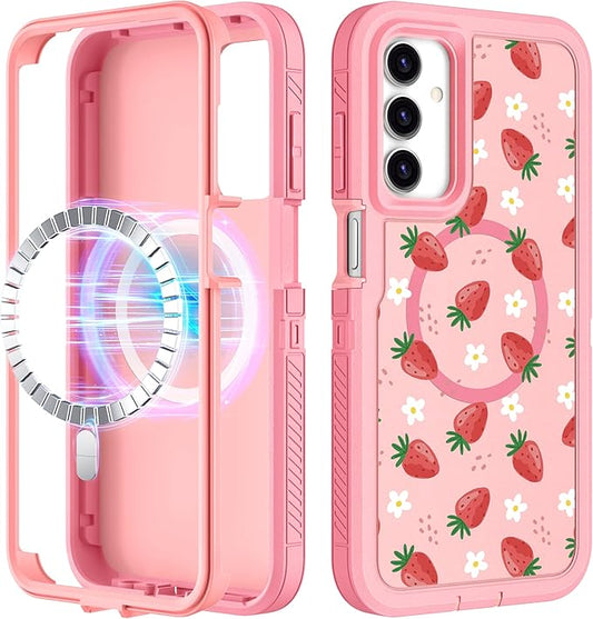 for Samsung Galaxy A15 5G Phone Case - Compatible with MagSafe Women Cute Girls Magnetic Protective Cover Strawberry Girly Kawaii Design Heavy Duty Shockproof for Samsung A15 5G Case 6.5"