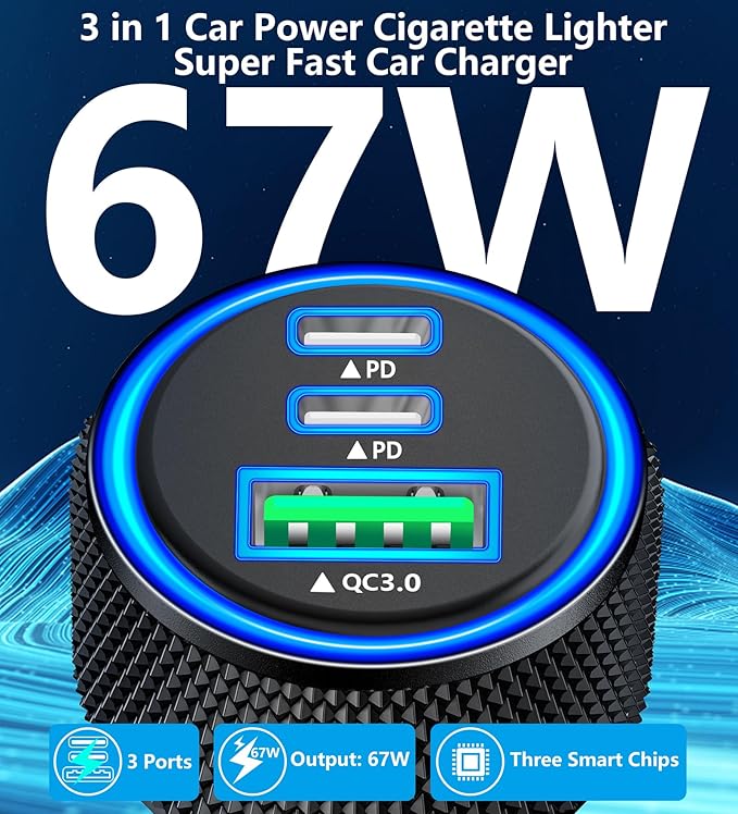 [Apple MFi Certified] iPhone 17 Car Charger, Rombica 3-Port 67W USB-C&USB-A Car Cigarette Lighter PD/QC Fast Car Charge with Type-C Braided Cord for iPhone 17/17 Pro Max/16 Pro/15/Galaxy S26/S25/Pixel